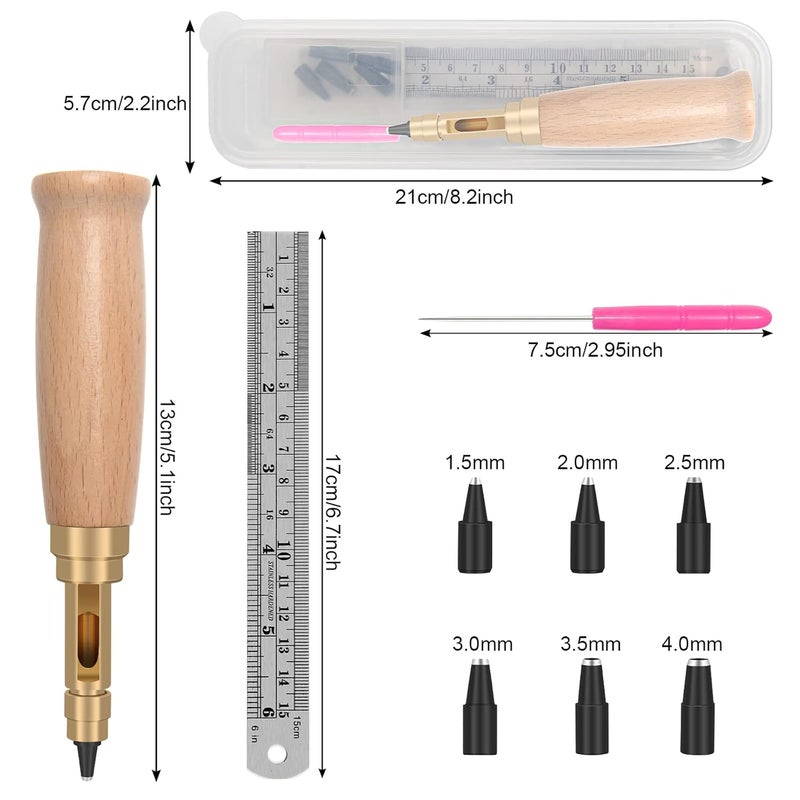 Boyistar Adjustable Japanese Screw Punch, 6 Tip Sizes Belt Hole Puncher for Leather, Wood Handle Leather Hole Punch Tool with Clear Box for Sewing Leather - Image 2